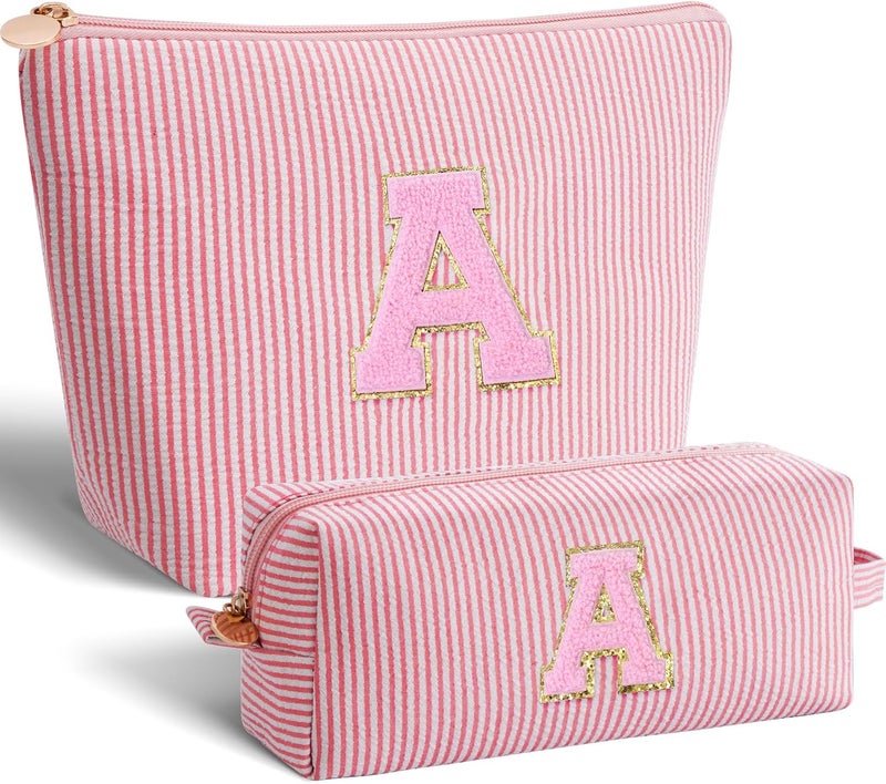 Btffitting Makeup Bag Set Initials Cosmetic Bag,Gifts for 10 11 12 13 14 15 16 17 18 Years Old Girl Girlfriend Teen Girls Gift Trendy Stuff Personalized Toiletry Bag Travel - Peach,A - Image 1